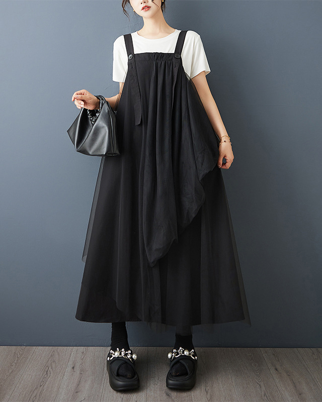 Wide Shoulder Strap Asymmetric Layered Mesh Maxi Dress