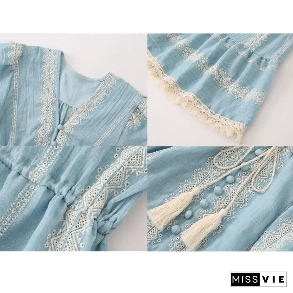 Boho Vintage Print Colorblock Shawl Wrap V-neck Lace Up Dress