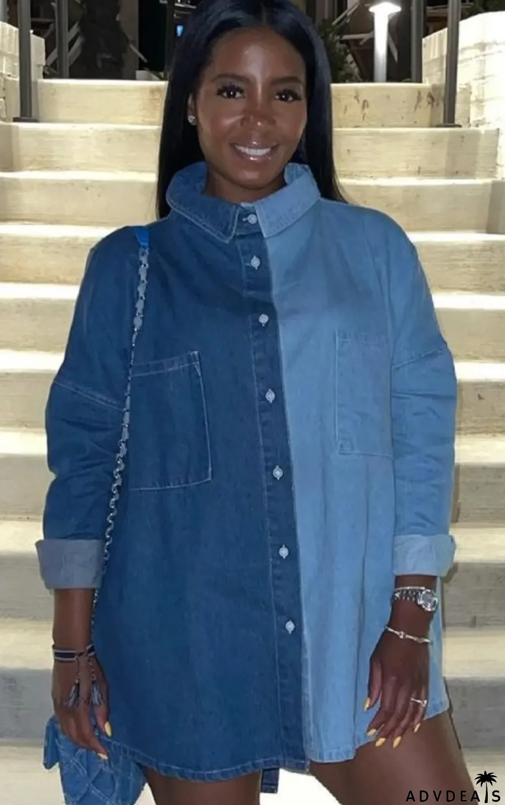 Autumn Casual Blue Loose Contrast Long Washed Denim Shirt