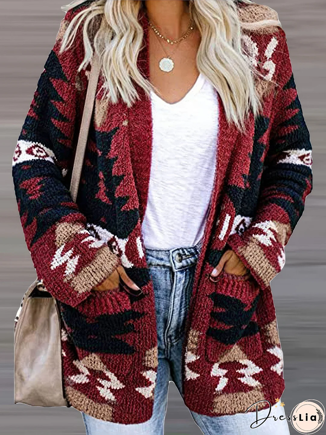 Printed Pocket Casual Long Sleeve Knitted Cardigan