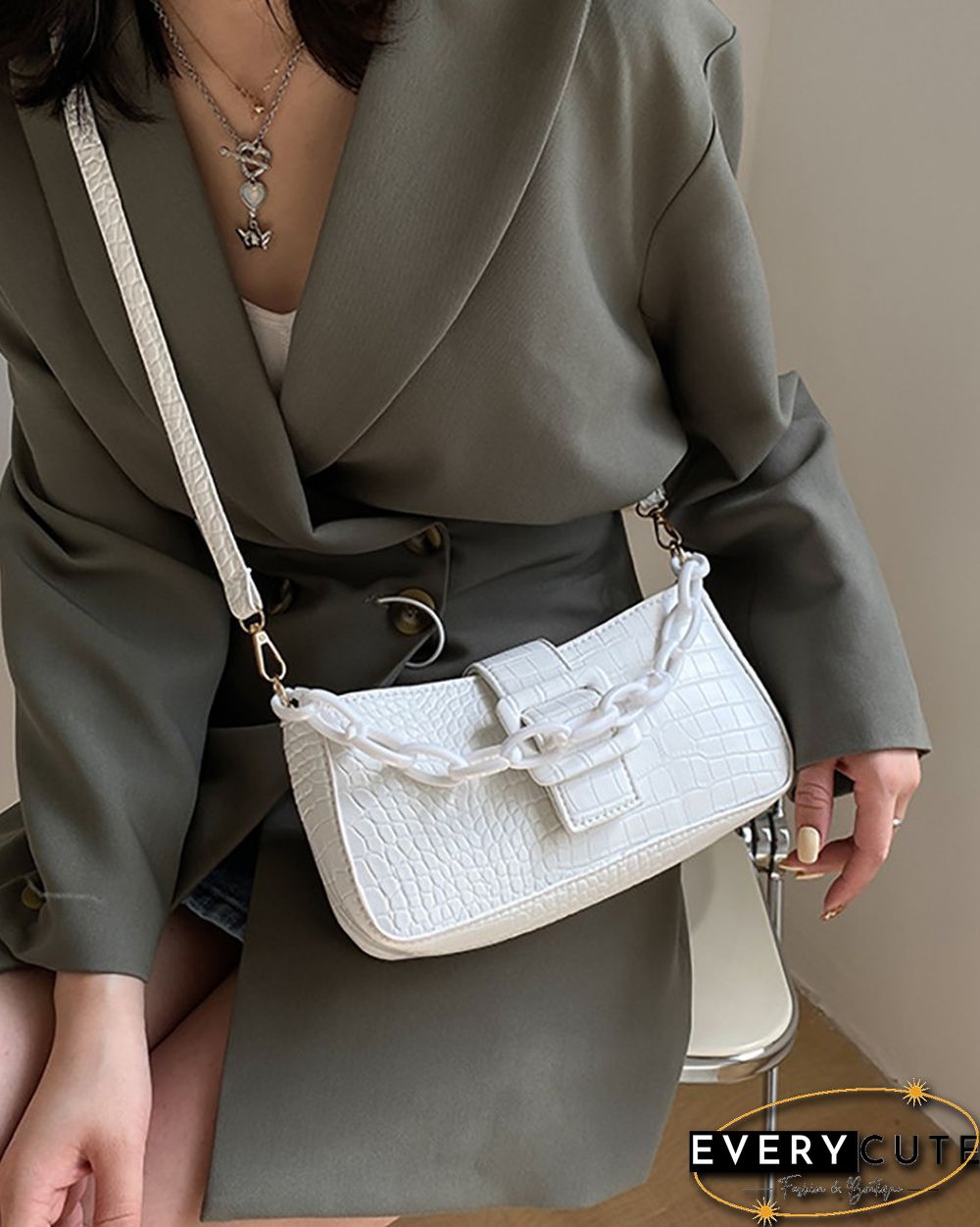 Chain Strap Croc Embossed Baguette Bag