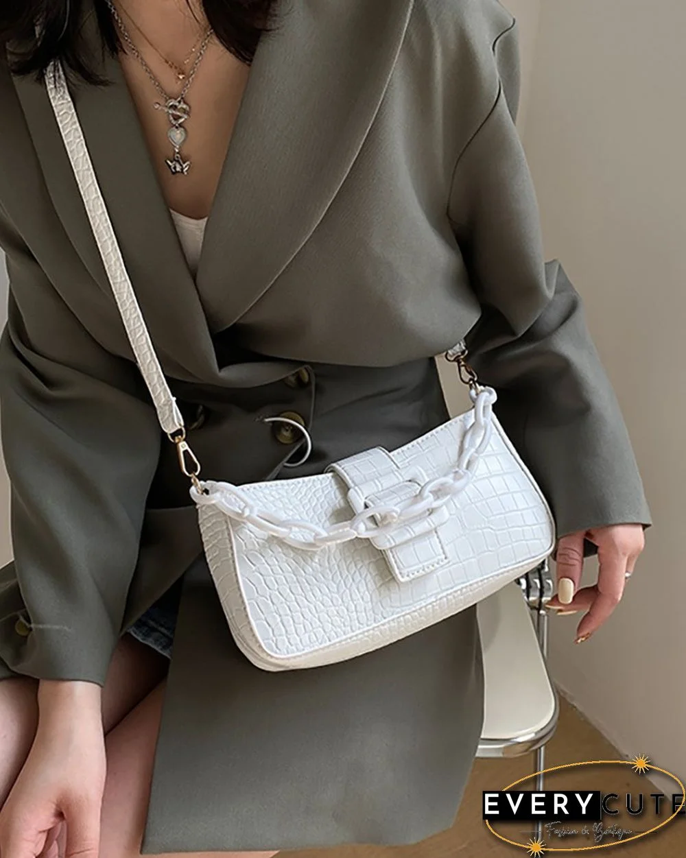 Chain Strap Croc Embossed Baguette Bag