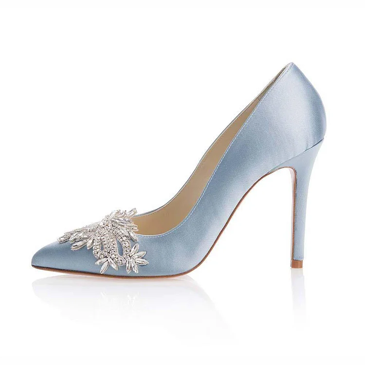 Light Blue Satin Bridal Shoes Pointed Toe Crystal Decor Pumps Shoes |FSJ Shoes