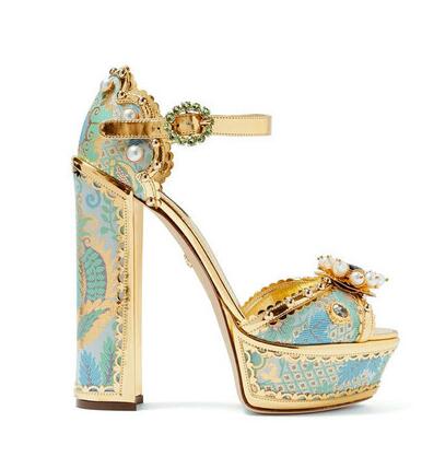 Breakj Crystal Faux-pearl Embellished Platform Sandals Gold Floral Lace ...