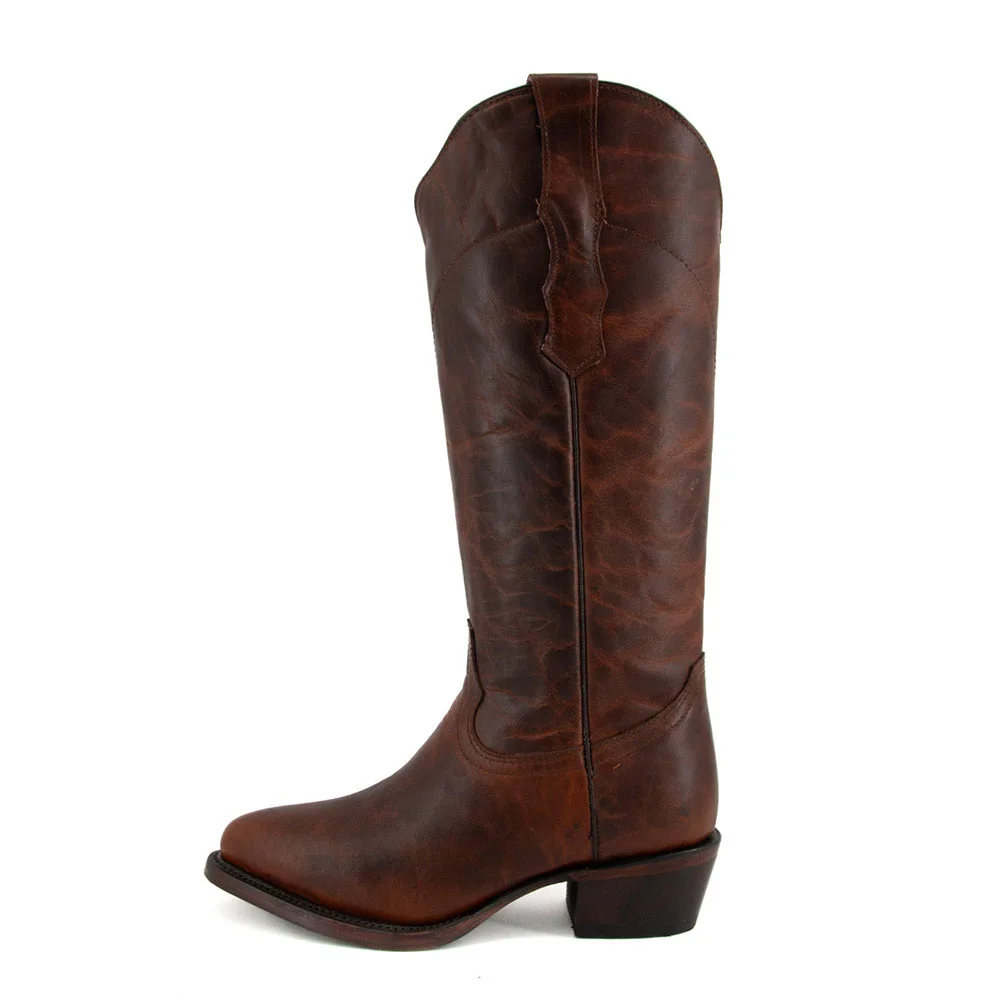 Brown Chunky Heel Round Toe Distressed Cowboy Boots for Women