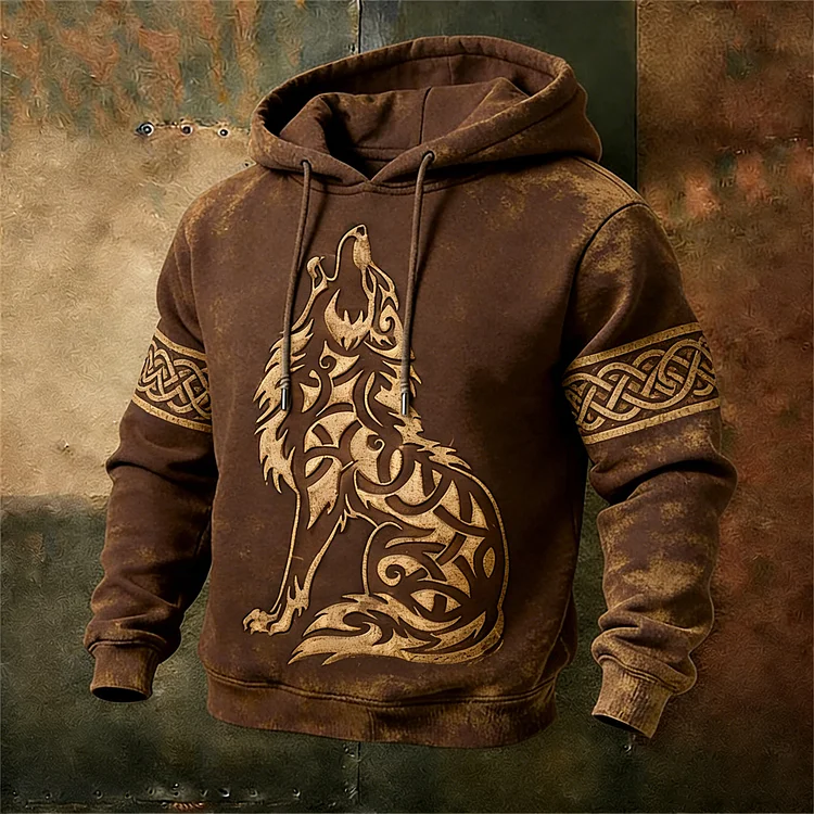 Vintage Viking Wolf Pattern Men's Casual Hooded Sweatshirt