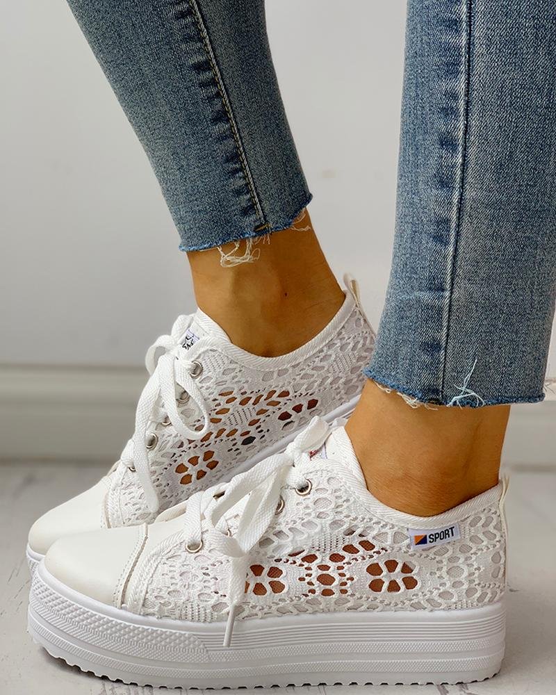 Colorblock Eyelet Hollow Out Lace-Up Sneakers