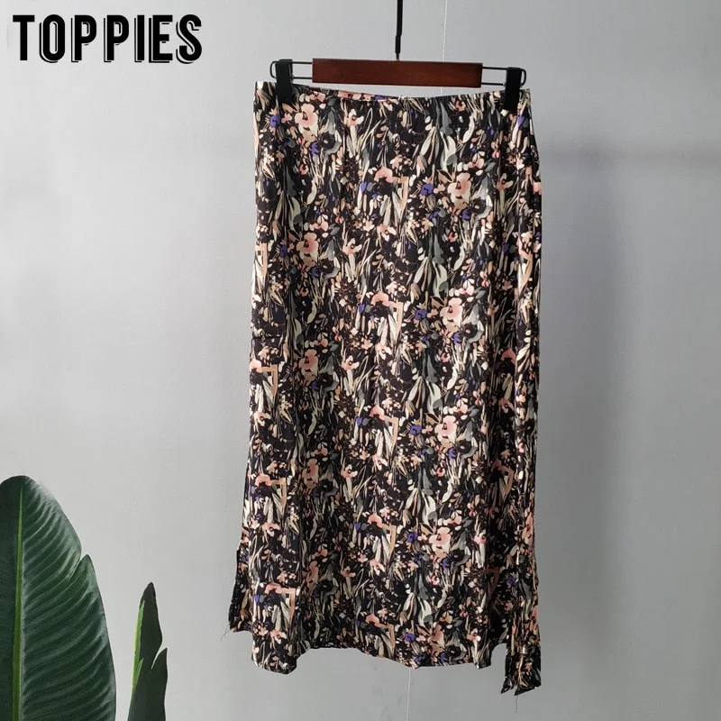 Toppies Sweet Floral Printing Midi Skirts High Waist Skirts Woman faldas saia Female Streetwear