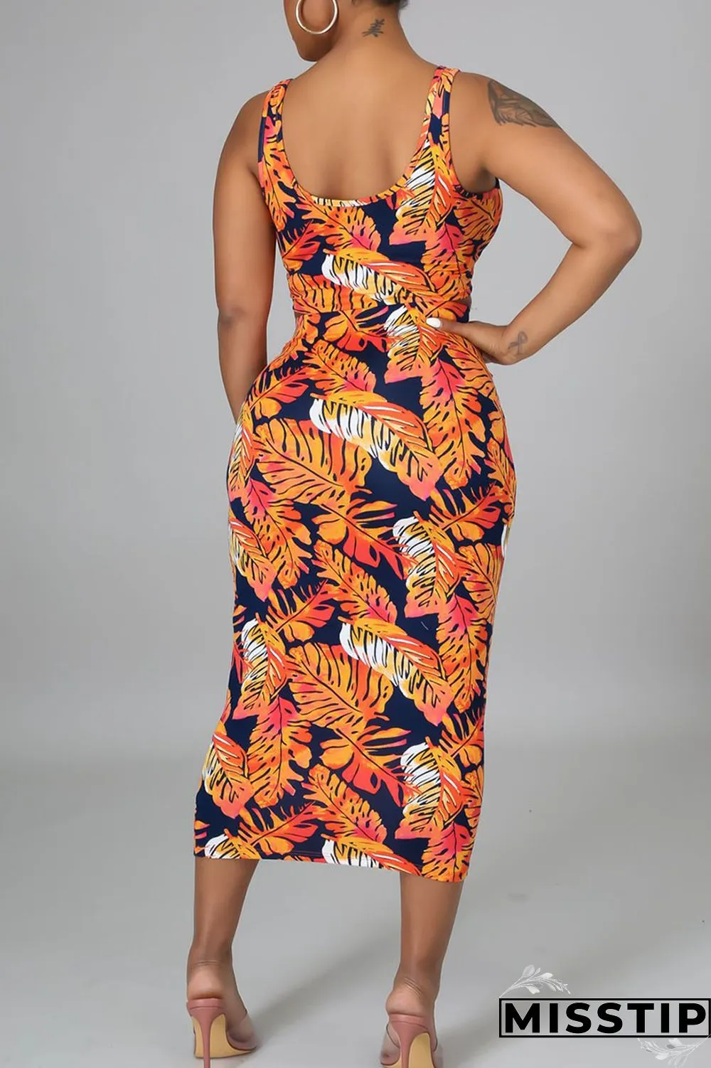 Orange Yellow Casual Print Bandage Patchwork U Neck Sleeveless Two Pieces