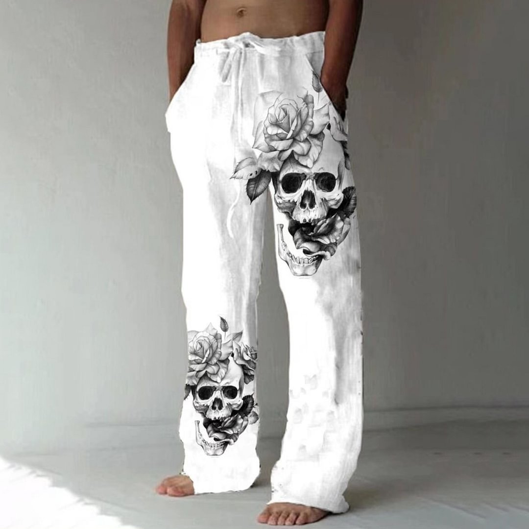 Men's Casual Loose Skull Print Cotton Linen Trousers、、URBENIE