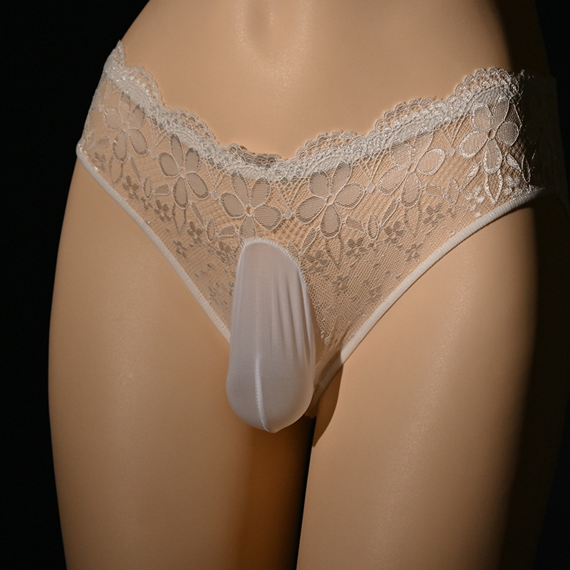 Men's Sexy Back Open Temptation Large Size JJ Set Breathable Hollow Stretch Bow Lace Underwear
