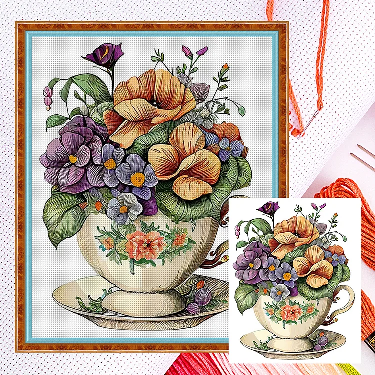 Flowers In Tea Cup (20*25cm) 18CT Counted Cross Stitch gbfke