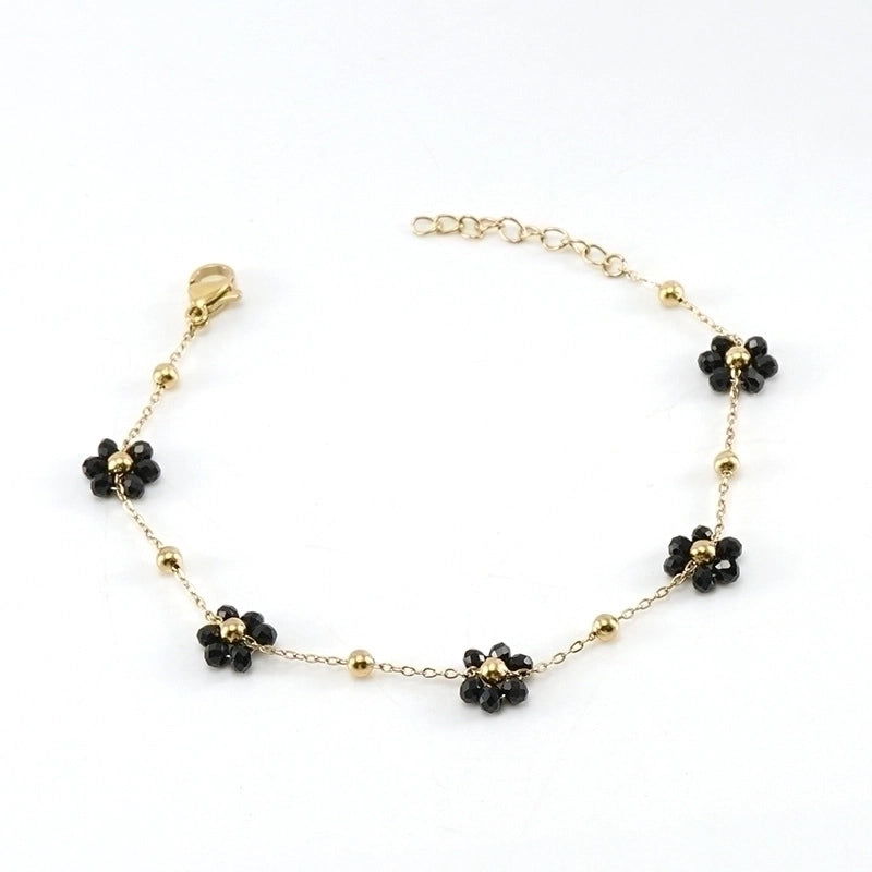 Fashion Flower Artificial Crystal Titanium Steel Beaded Plating 18k Gold Plated Bracelets Necklace