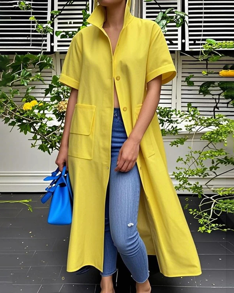 Stand Up Collar Solid Color Chest Pockets Short Sleeve Shirt Midi Dress
