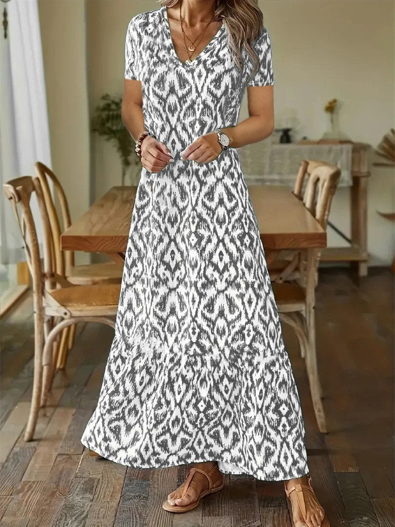 Women's Short Sleeve V-neck Floral Printed Maxi Dress