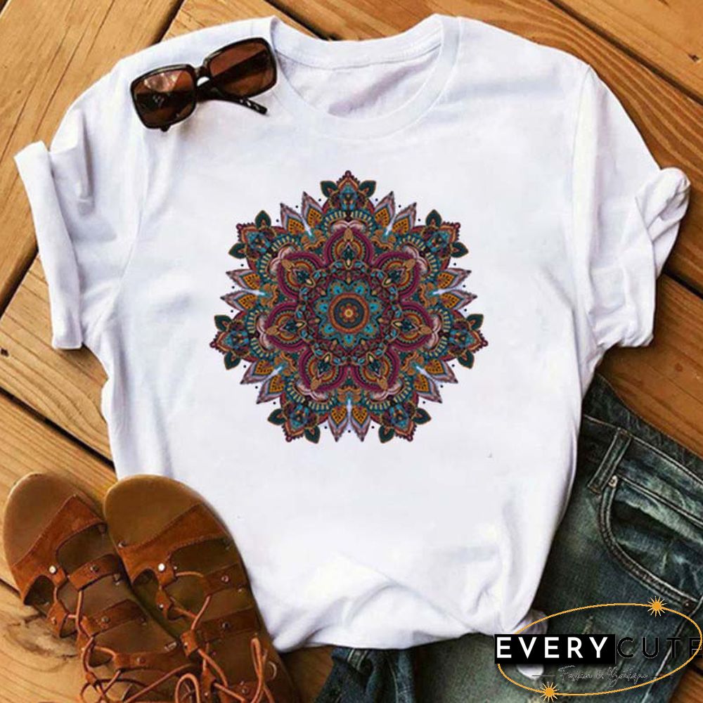 Maycaur New Mandala Floral Printed T Shirt Women Casual Fashion T-shirt Loose Short Sleeve 90s Girls Aesthetics Black Tshirt Top