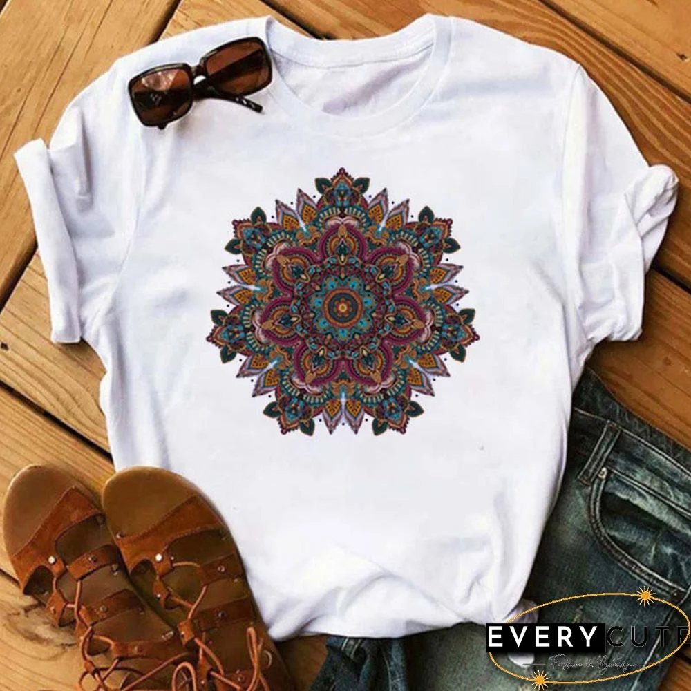 Maycaur New Mandala Floral Printed T Shirt Women Casual Fashion T-shirt Loose Short Sleeve 90s Girls Aesthetics Black Tshirt Top
