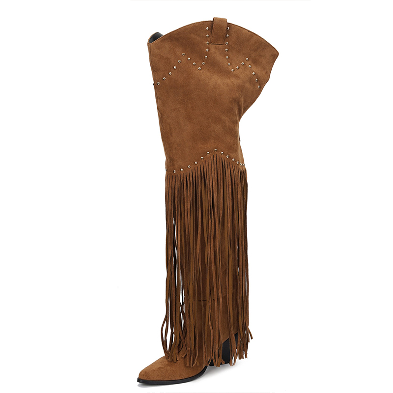 Brown Vegan Suede Block Heel Fringe Studded Thigh Western Boots