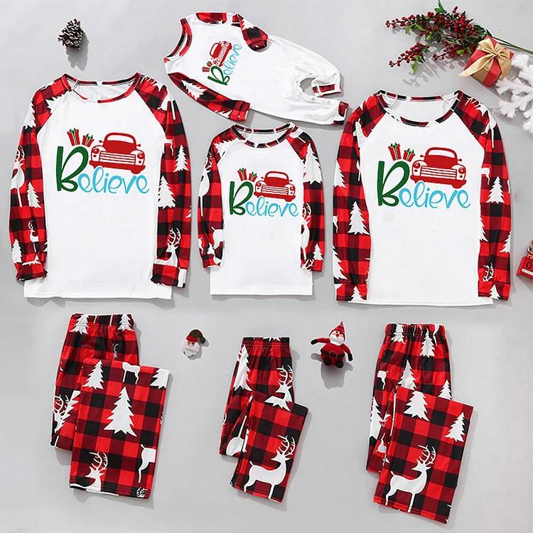 'Believe' Christmas Car Cartoon Print Family Matching Pajamas Set