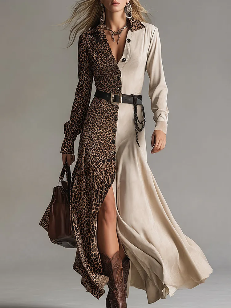 Retro Western Beige Contrast Leopard Print Faux Suede Button Front Maxi Dress