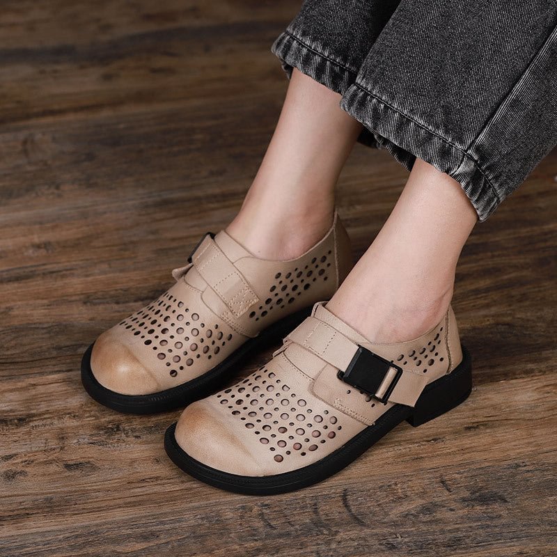 Women Retro Leather Hollow Casual Shoes- Fabulory