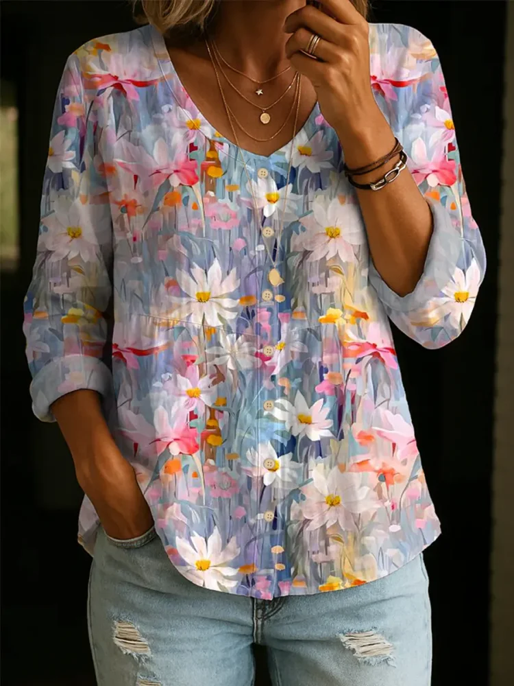 Women's Floral Pattern Art Print Casual Cotton Linen Shirt