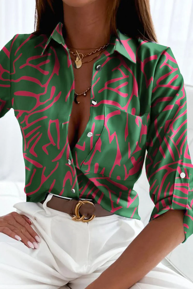 Green Fashion Casual Print Patchwork Buckle Turndown Collar Tops | EGEMISS