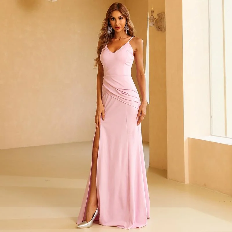 Pink v neck evening dress-zachics