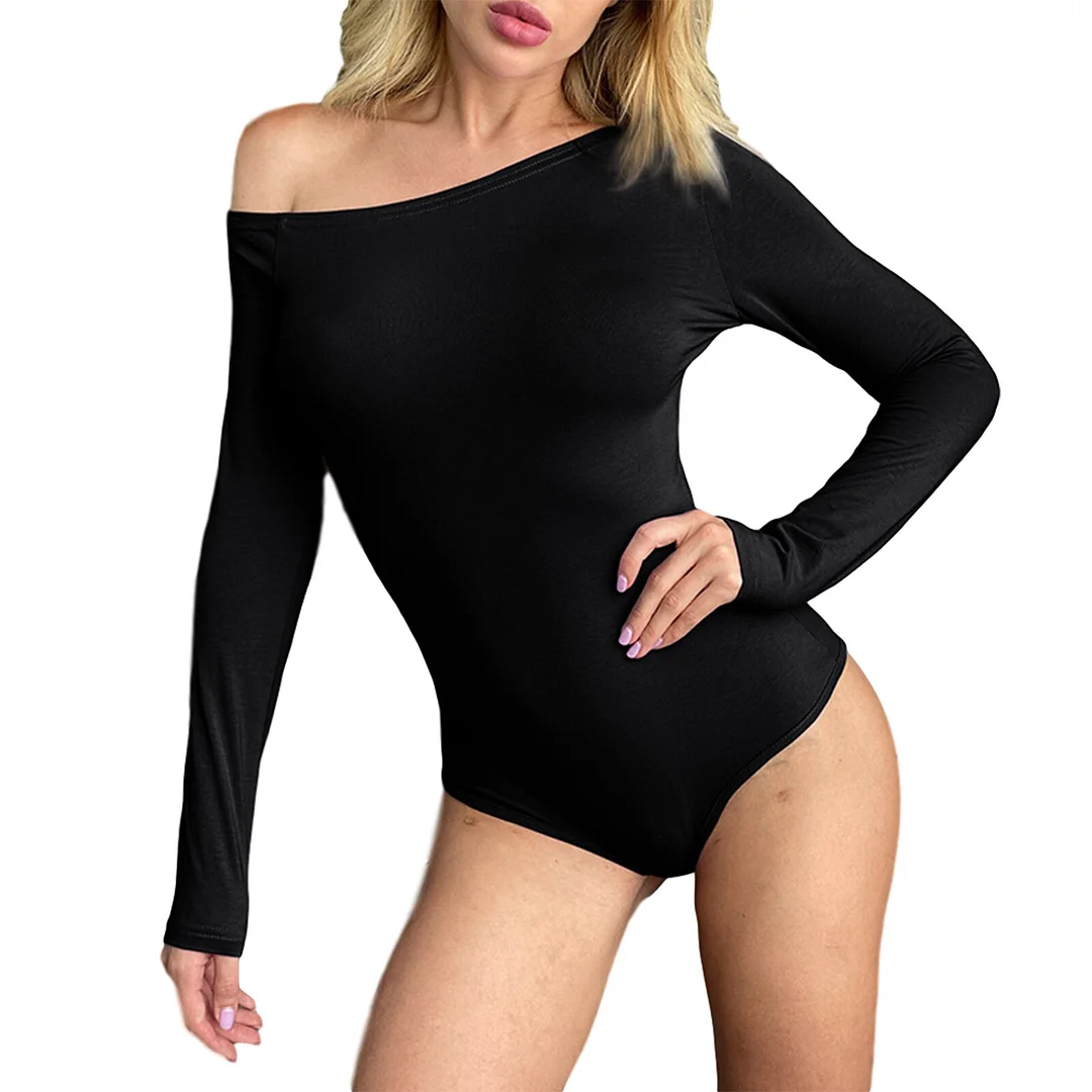 Ladies Cold Shoulder Skinny Bodysuits Women Long Sleeve Skew Collar Solid Slim Fit Basic Romper Club Leotard Tops