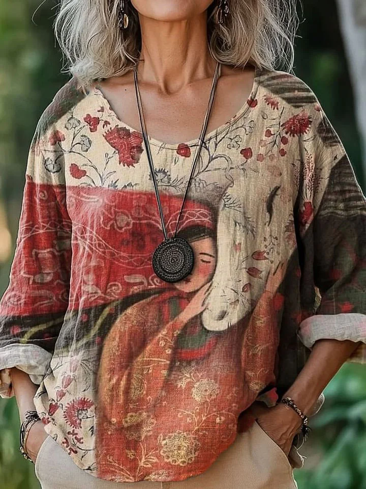 Women's Vintage White Horse Girl Art Print Casual Cotton And Linen Shirt