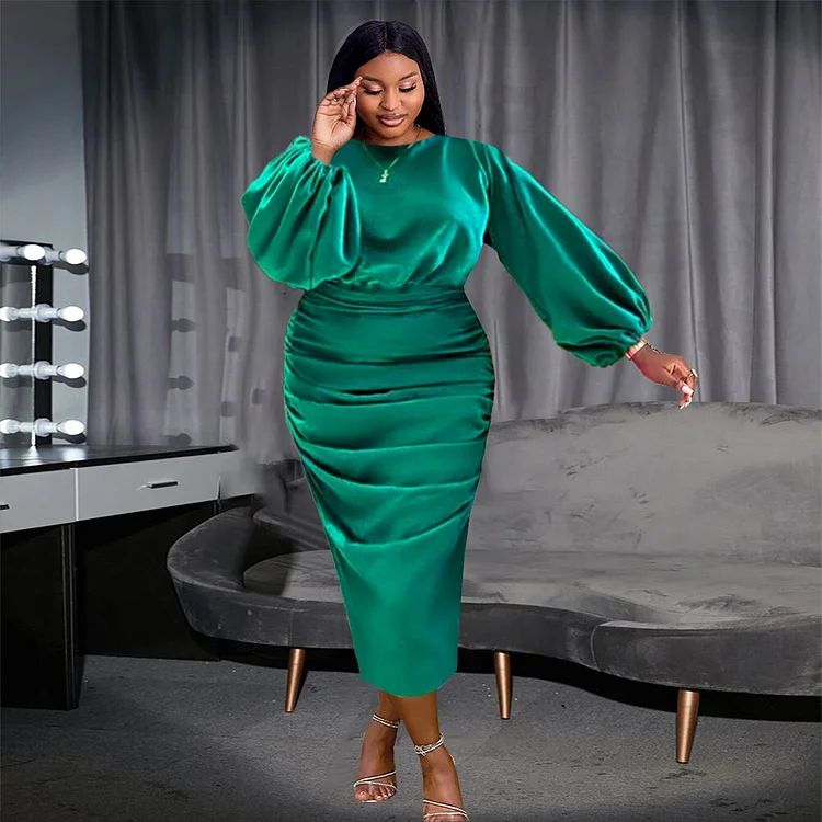 Pleated Green Satin Dresses Long Lantern Sleeve High Waist Soft Midi Evening Birthday Club Party Plus Size Outfits for Women 4XL QueenFunky