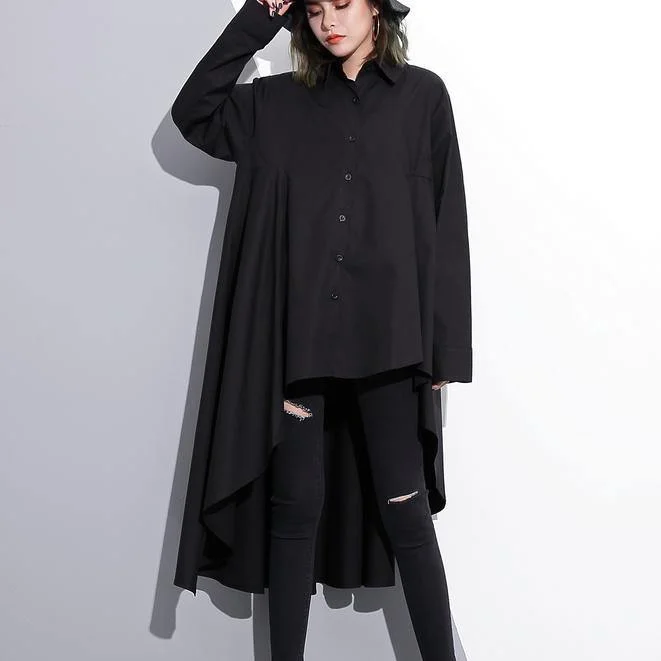 2019 black cotton tops plus size clothing cotton clothing blouses fine low high design lapel collar cotton tops