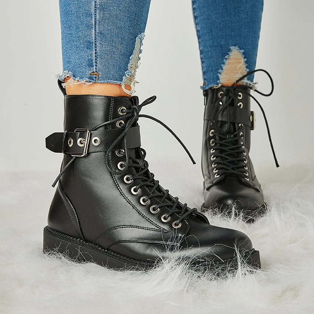 Women's Fashion Buckle Combat Leather Boots