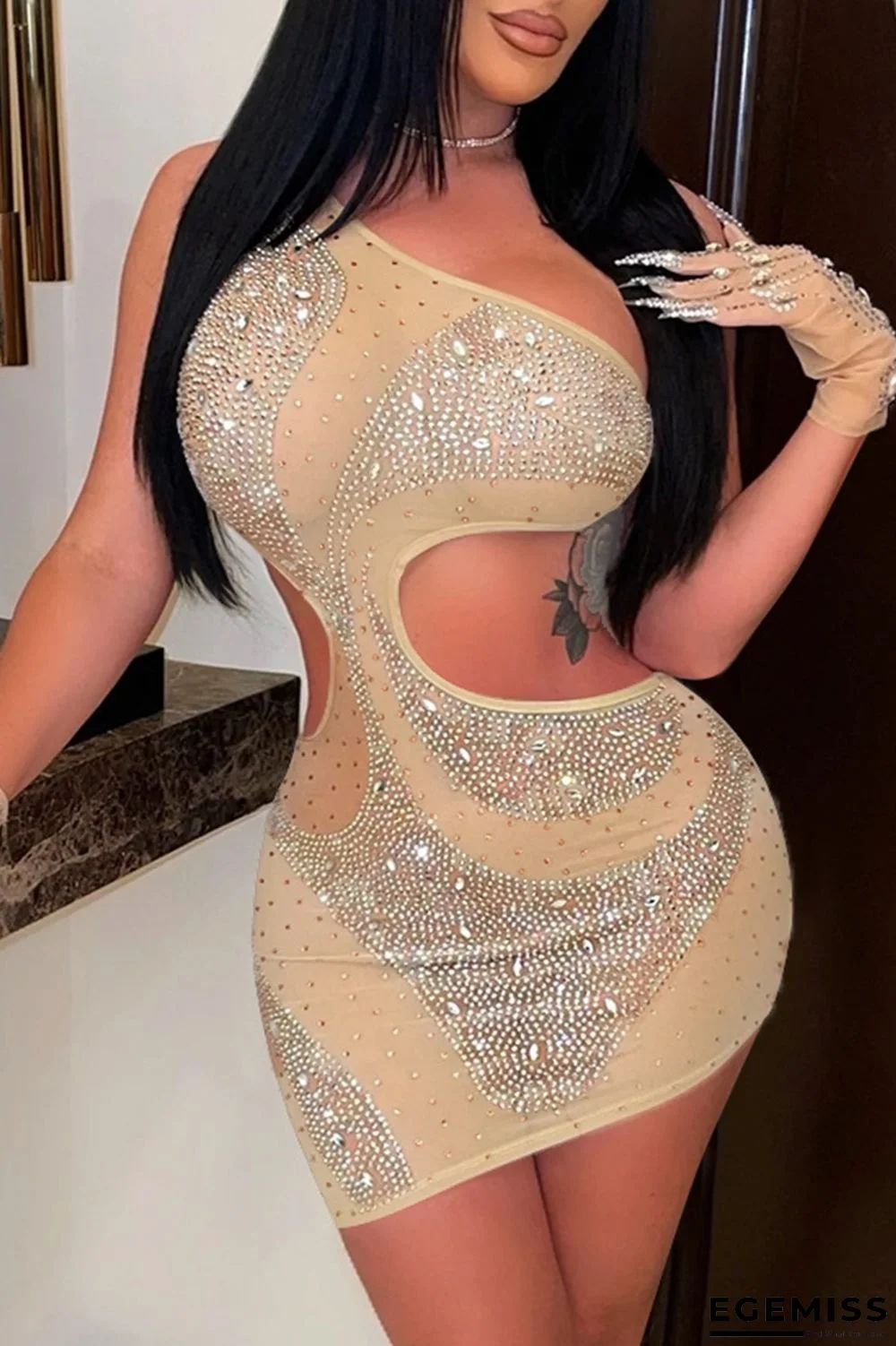 Apricot Sexy Patchwork Hot Drilling See-through Backless One Shoulder Sleeveless Dress | EGEMISS