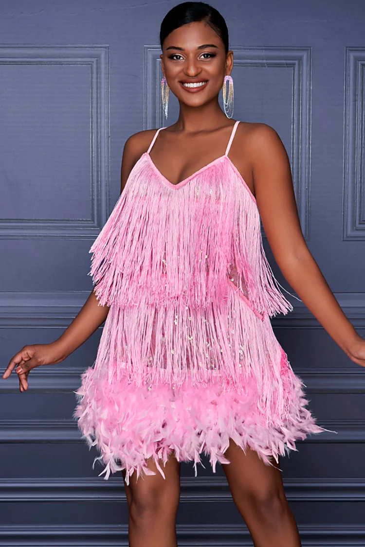 Xpluswear Design Plus Size Party Pink Feather Fringe Cami Flapper Mini Dress