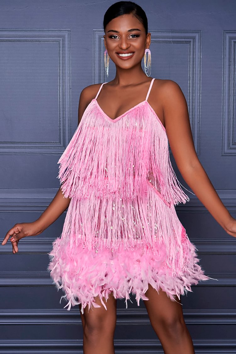 Xpluswear Design Plus Size Party Pink Feather Fringe Cami Flapper Mini Dress