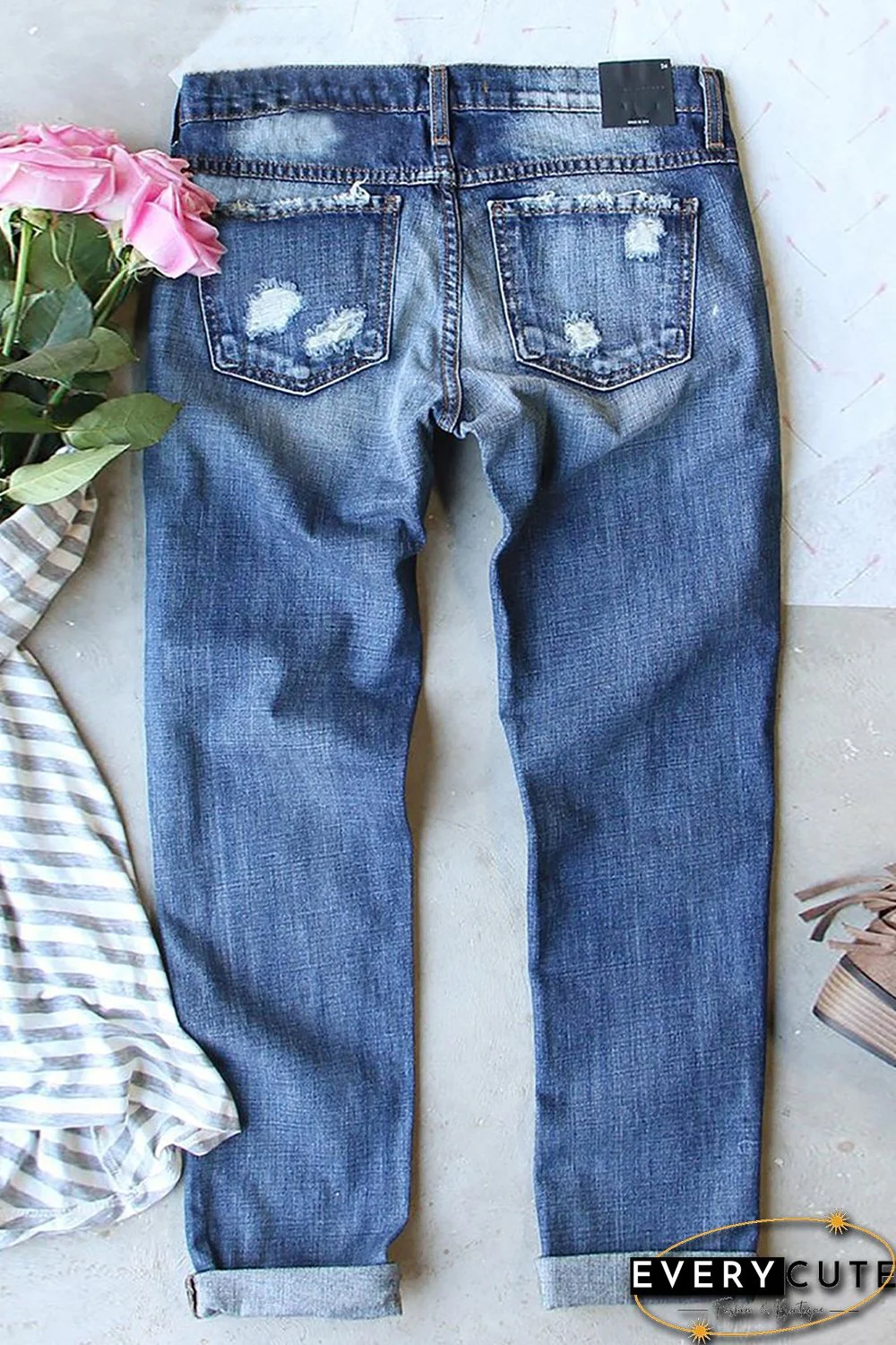 Sky Blue Floral Leopard Print Splicing Distressed Denim Pants