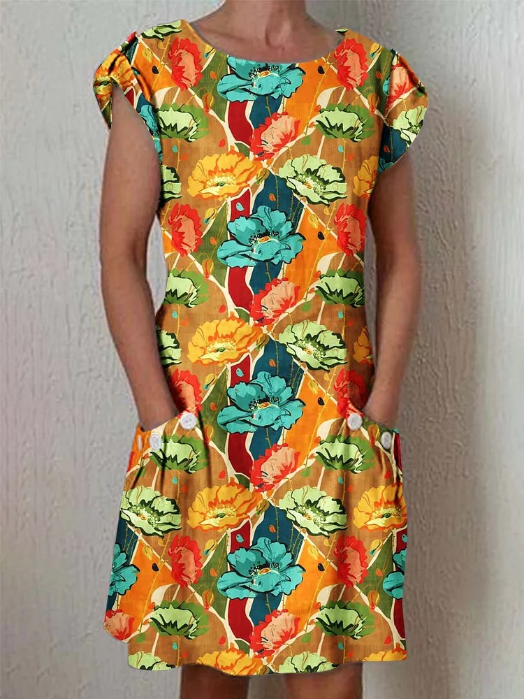 Women's Classic Floral Pattern Vintage Cotton and Linen Dress with Pockets