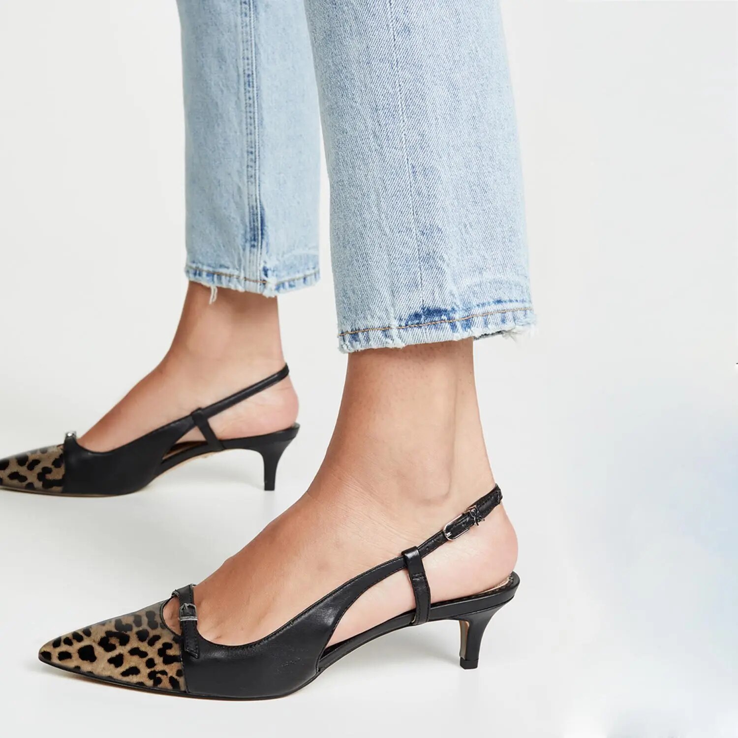 TAAFO Black Leopard Women's Pumps Low Kitten Heels Pointed Toe Patent Leather Ladies Buckle Shoes 