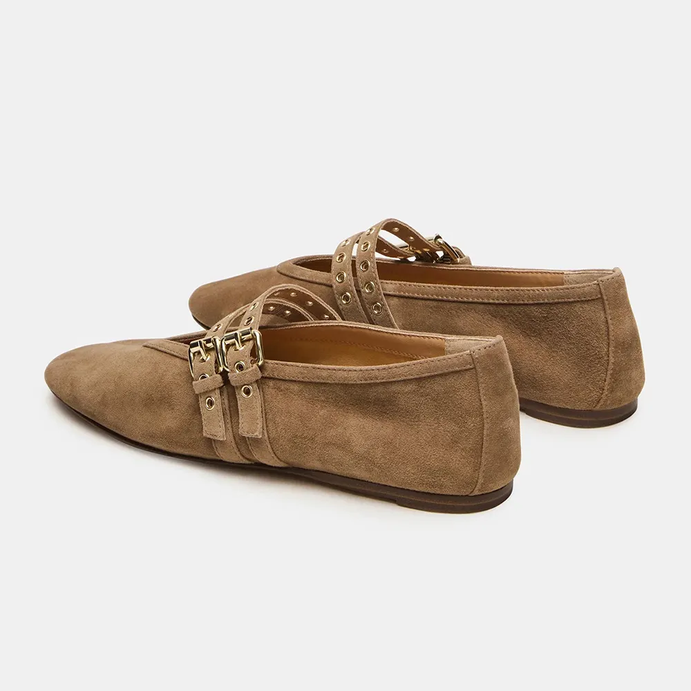 Brown Round Toe Flat Buckle Strap Grommet Ballet Mary Jane Shoes