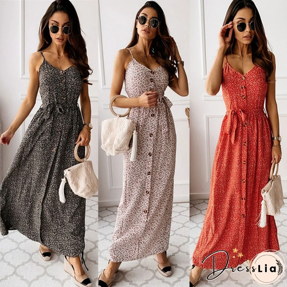 Hot Summer Floral Print Spaghetti Strap Slim Fit Long Dress Blackless Boho Beach Dress