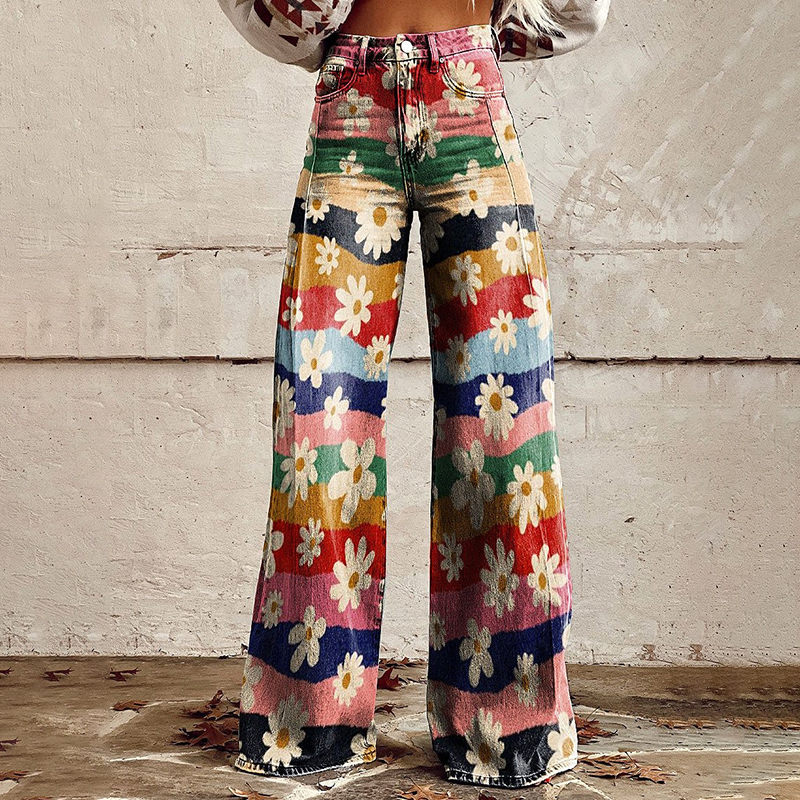 Vintage Flower Daisy Print Casual Wide Leg Jeans artswardrobe