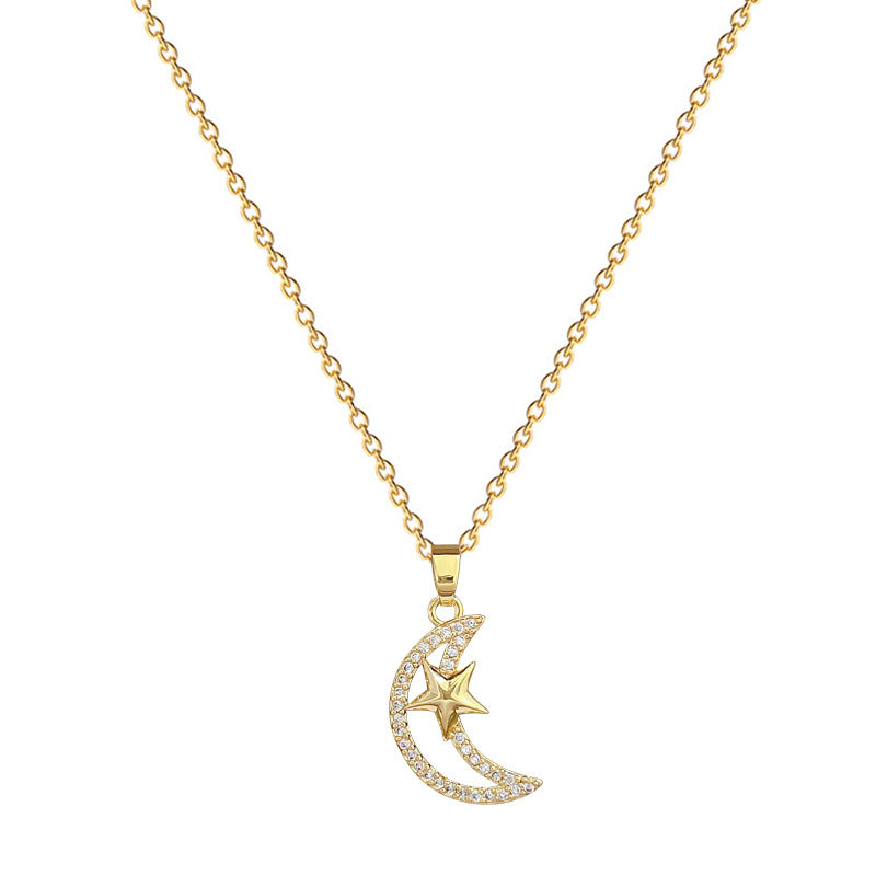 Stars And Moon Full Diamond Gorgeous Full Diamond Necklace Women’S Versatile Clavicle Chain Titanium Steel Chain