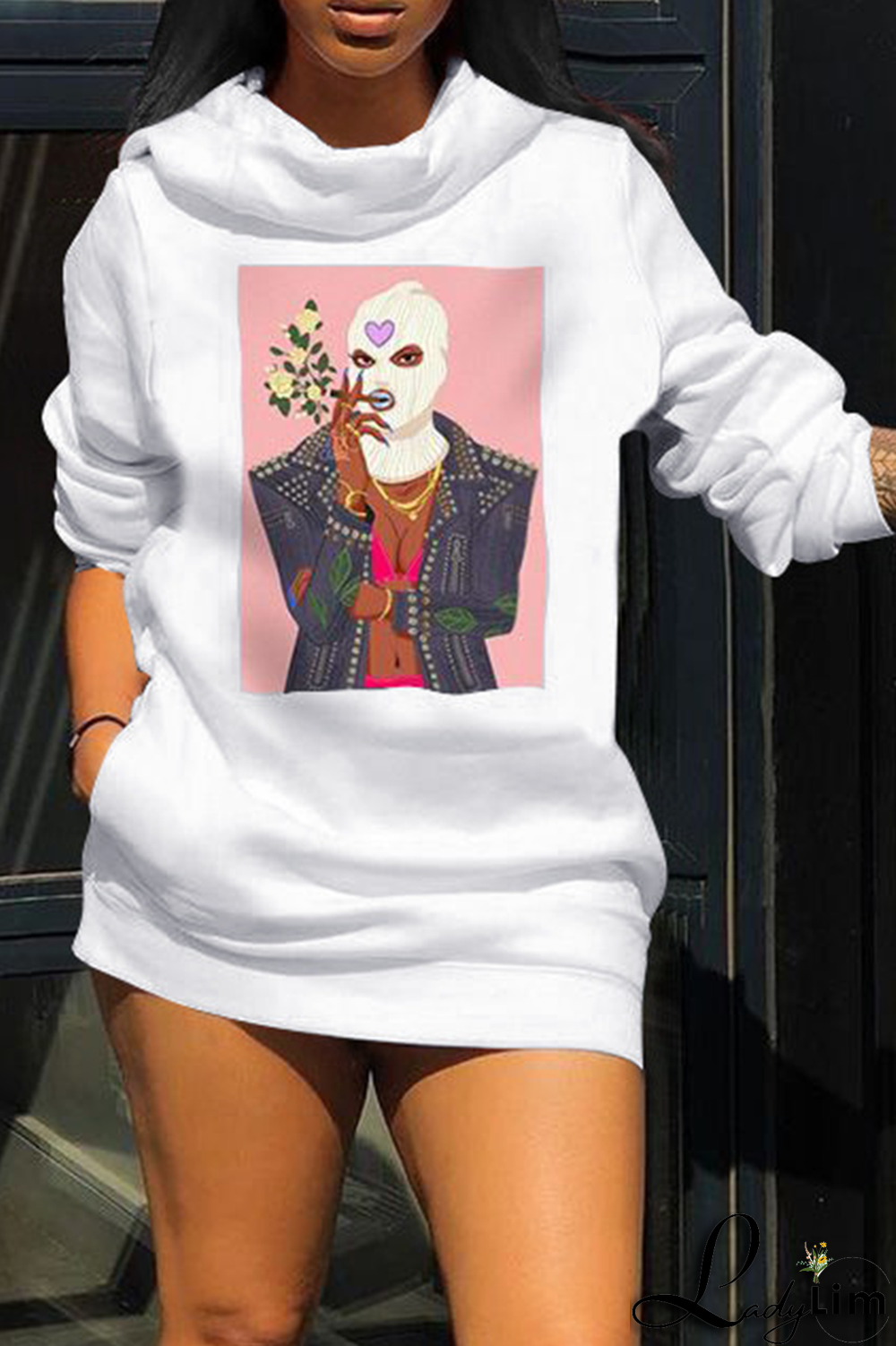 Burgundy Fashion Print Patchwork Hooded Collar Plus Size Dresses