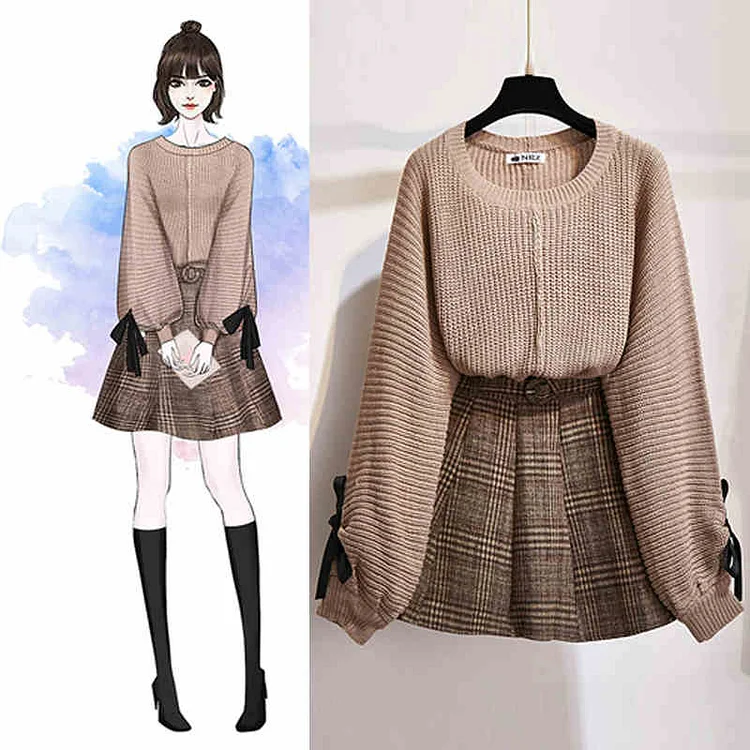 2019 autumn and winter new small fresh suit female foreign fashion slim sweater knit plaid skirt