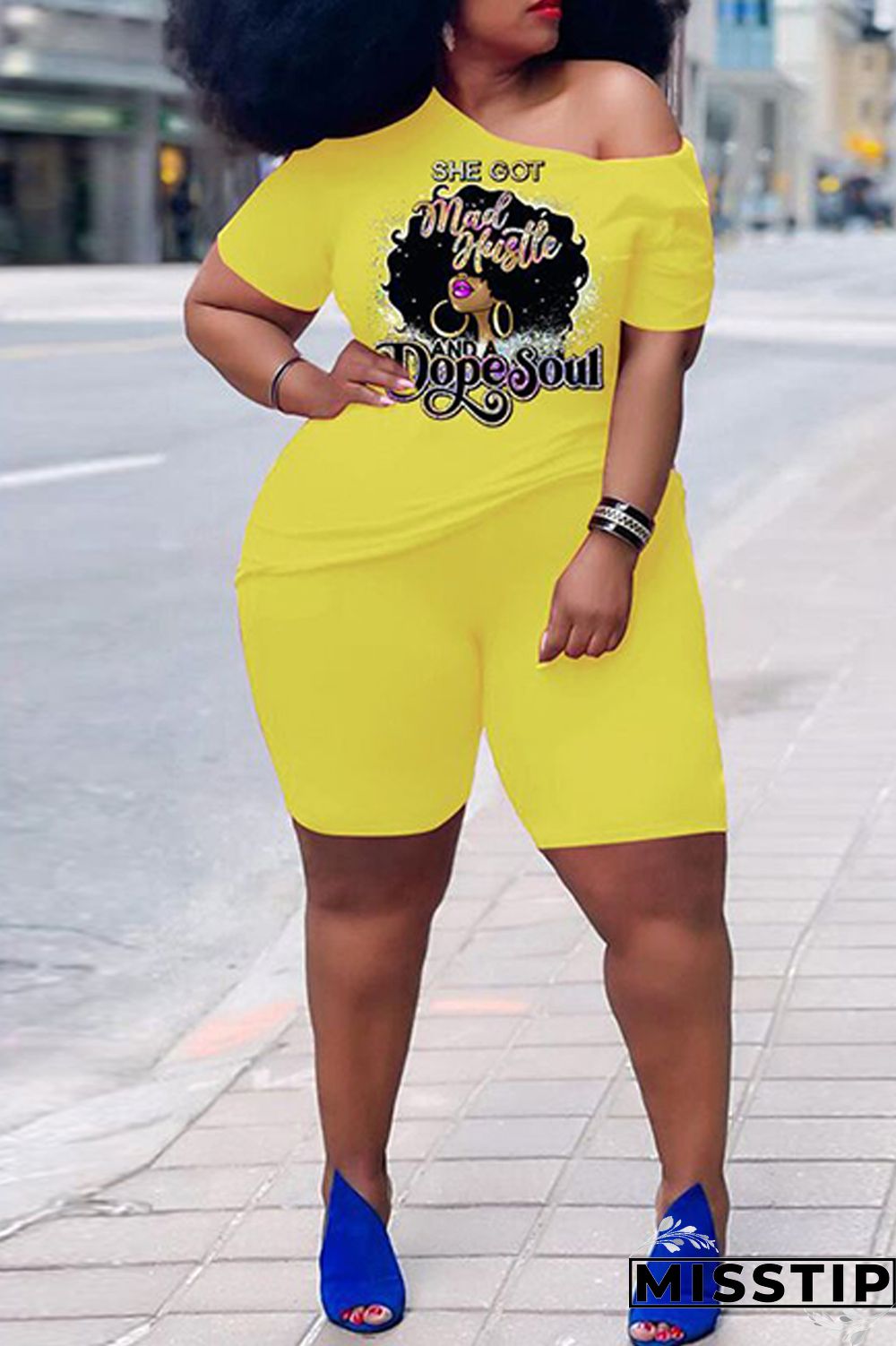 Orange Casual Print Basic Oblique Collar Plus Size Two Pieces