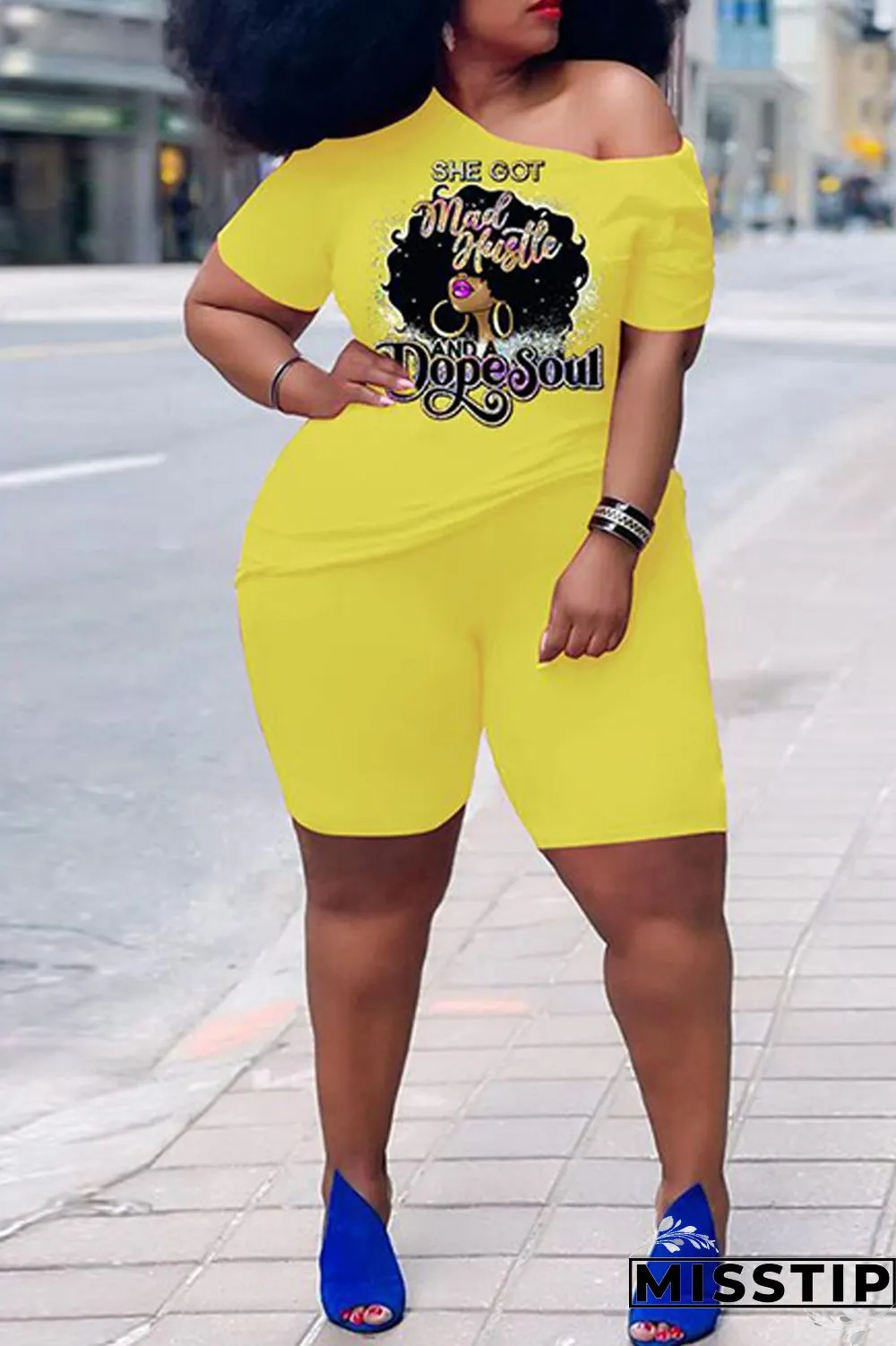 Orange Casual Print Basic Oblique Collar Plus Size Two Pieces