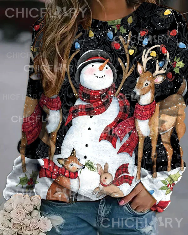 Christmas Snowman Print Oversized Sweatshirt