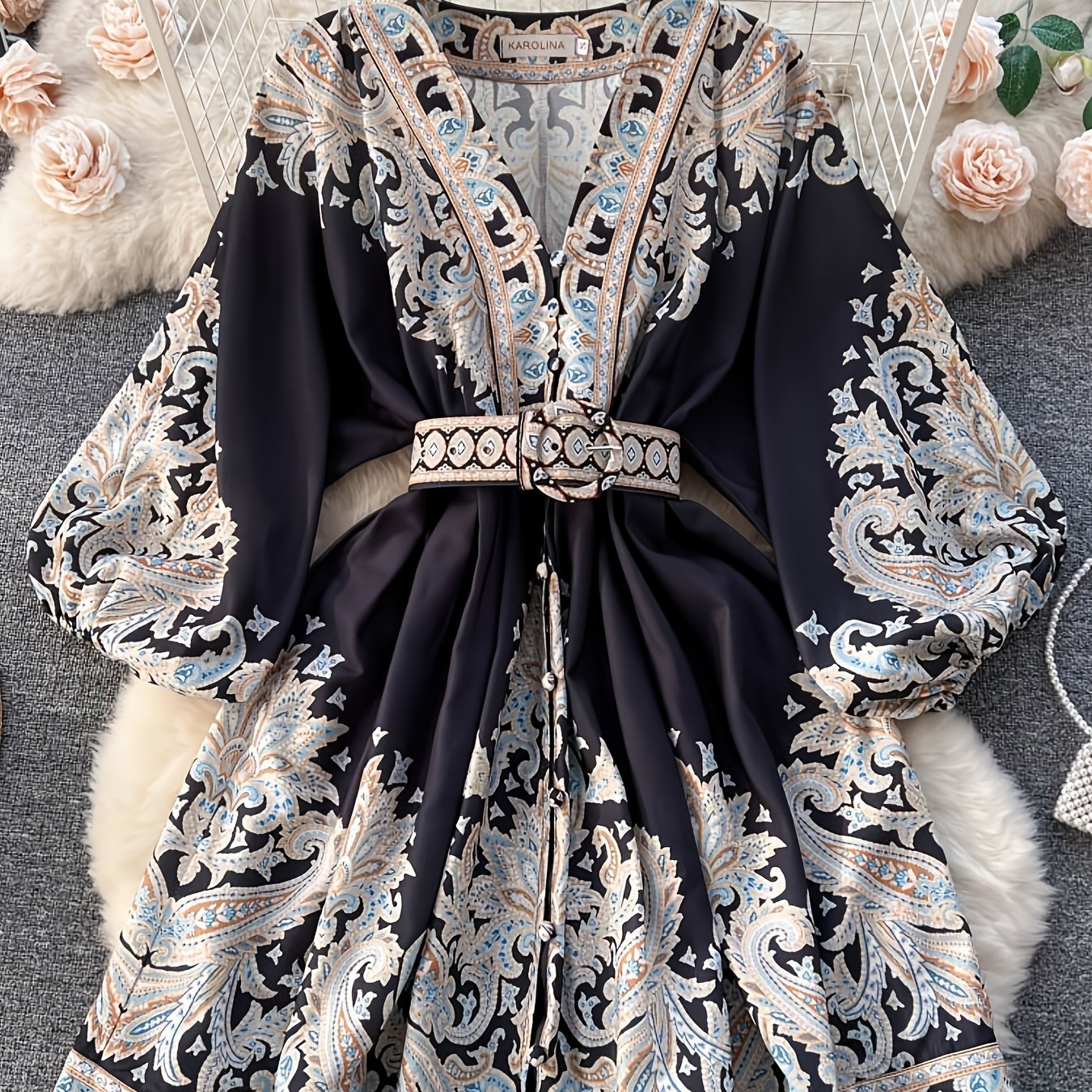 Women Bohemian Lantern Sleeve Dress V-Neck Long Sleeve