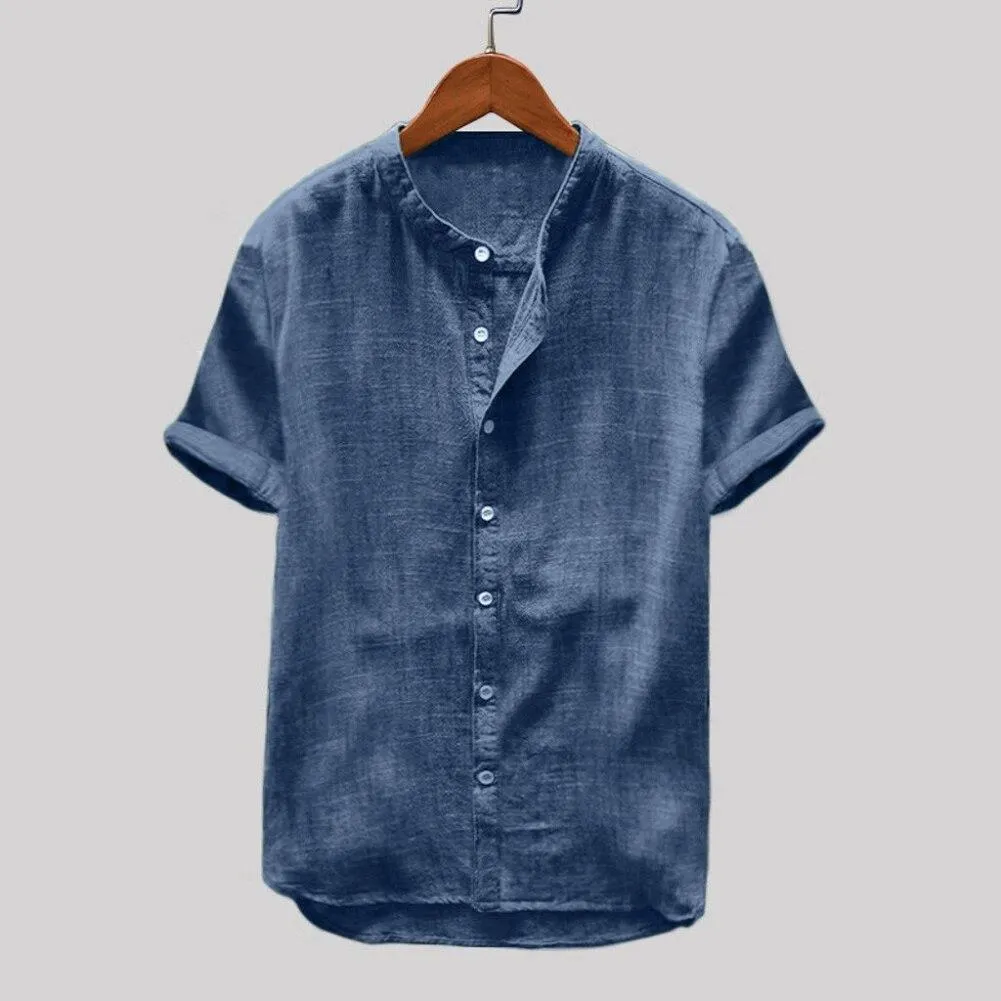 Men Casual Solid Color Short Sleeve Cotton Linen Button Down Beach Loose Shirt Suitable for work school travel daily wear